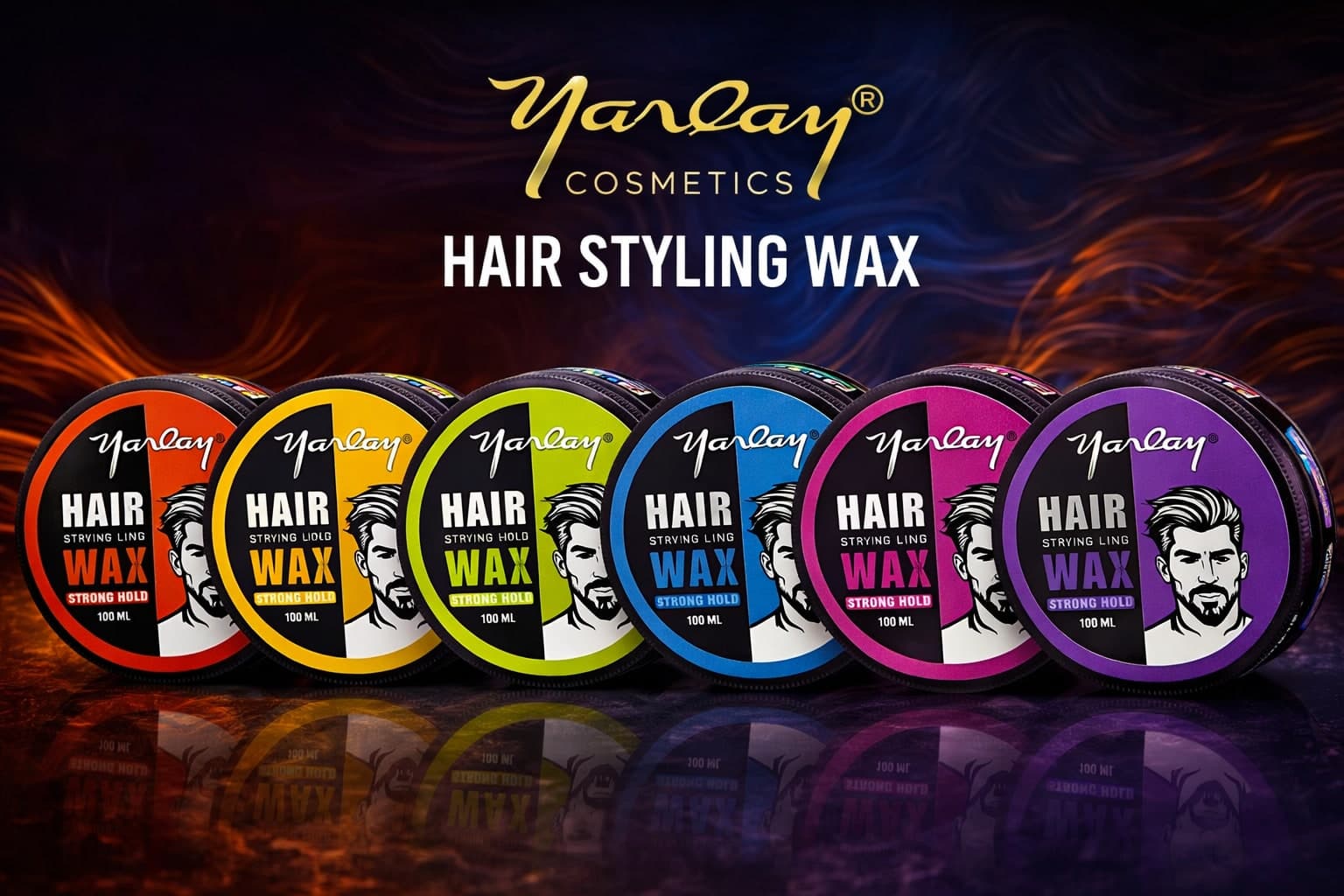 Six Yarlay Hair Styling Wax tubs in red, yellow, green, blue, pink and purple