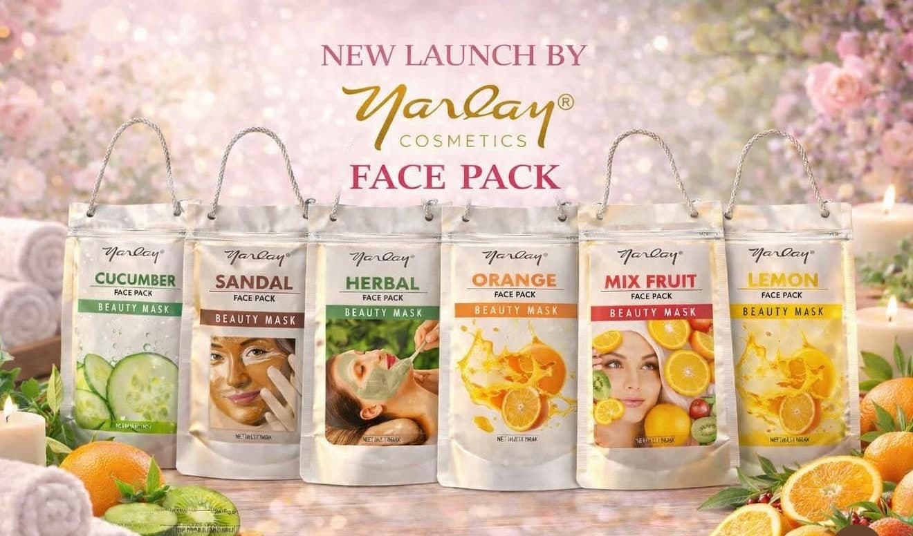 Six Yarlay Face Pack pouches: Cucumber, Sandal, Herbal, Orange, Mix Fruit and Lemon